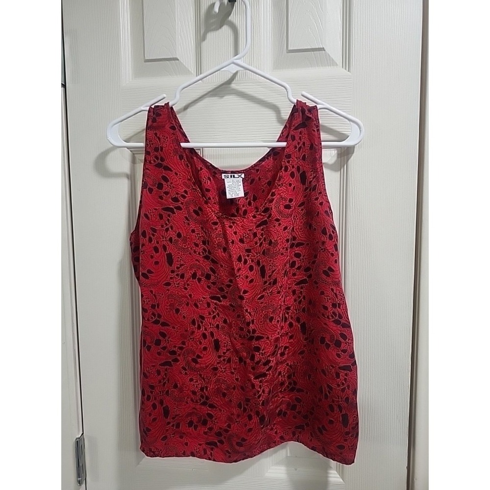 Vintage SILX 100% Silk Tank‎ Top Womens L Red Black Paisley Sleeveless Blouse